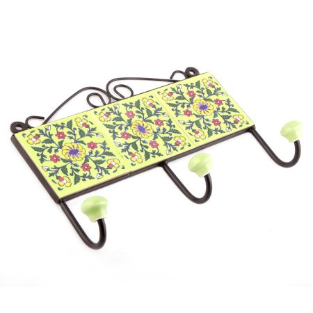 Yellow And Forest Green Floral Tiles Hooks